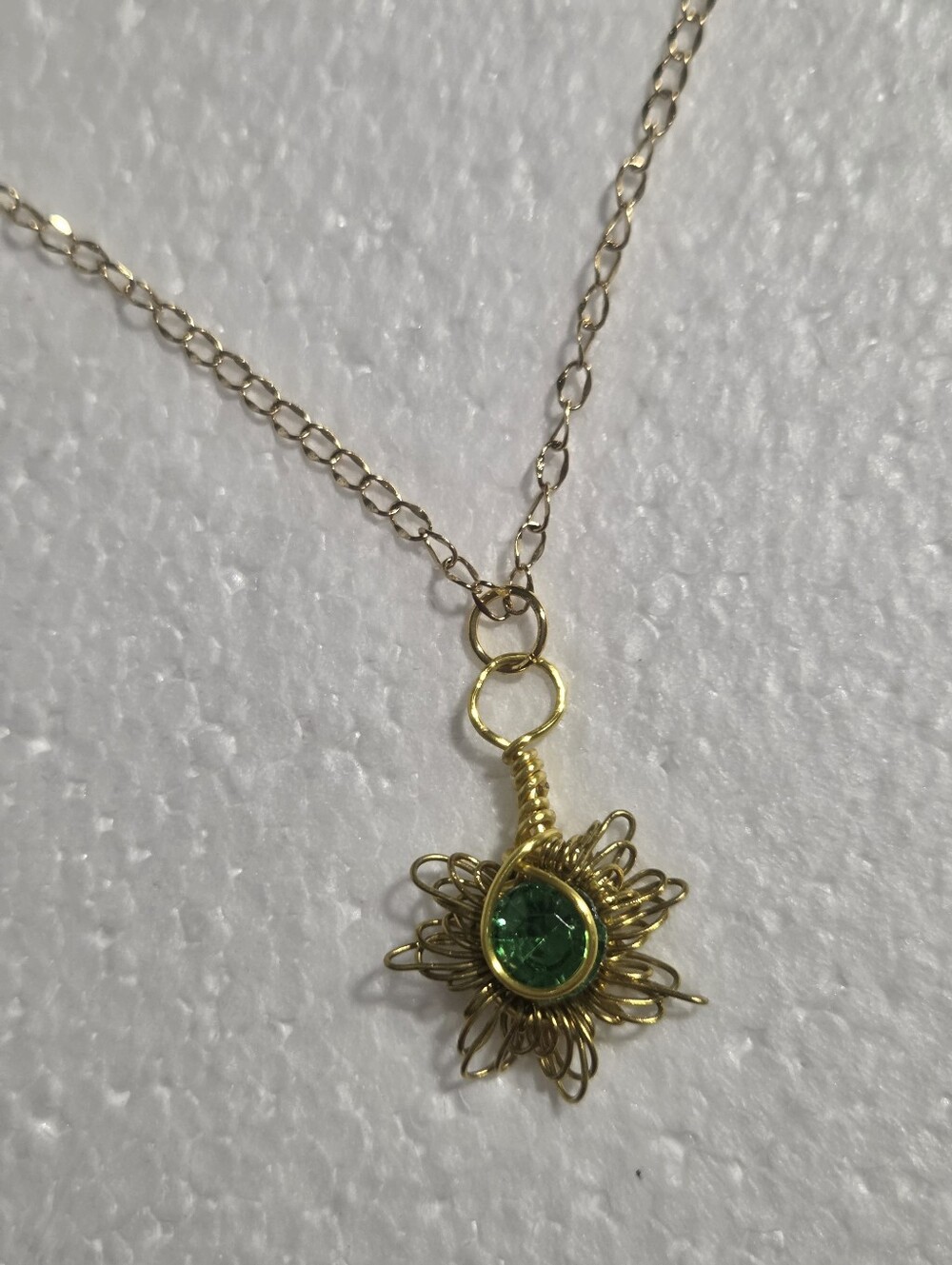 Handcrafted Gold Wire And Green Starburst Necklace